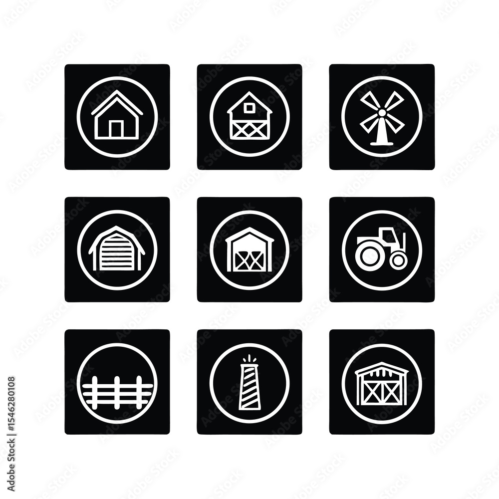 Farm and Agriculture Icon Set in Black and White Vector Illustration Farm and Agriculture Icon Set in Black and White Vector Illustration