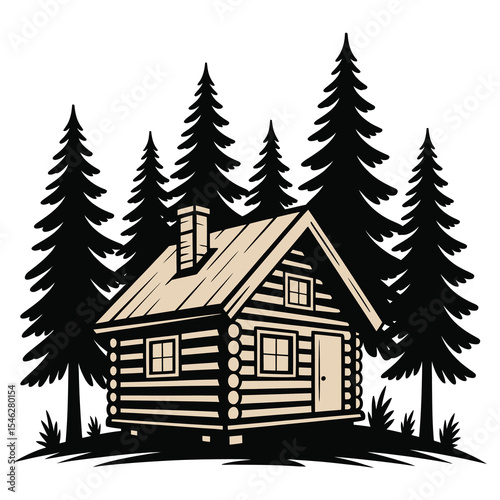 A stylized black and white illustration of a log cabin in a forest setting