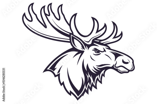 The stylized moose head showcases defined antlers and a formidable expression on a bright white backdrop