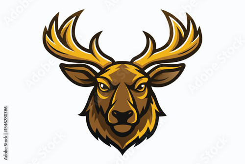 Majestic brown stag head with golden antlers stares intensely forward on a white background