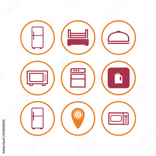 Collection of Line Art Food and Kitchen Icons in Circles
