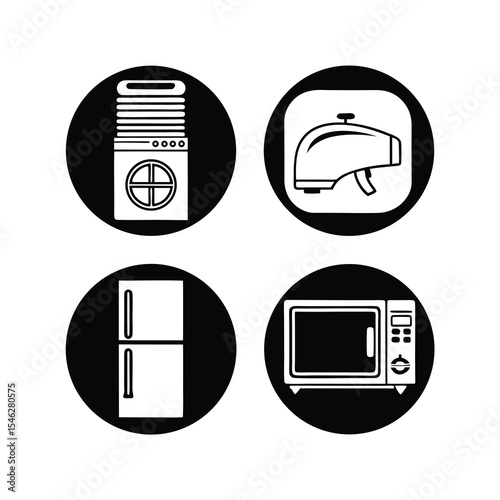 Household Appliances Icons in Black and White Circular Design