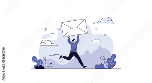 Person Running with Large Email Symbol Delivering Information Electronically and Quickly Across Network