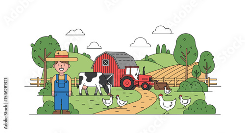 A Cartoon Farmer Standing on a Farm with Animals Barn Tractor and Trees