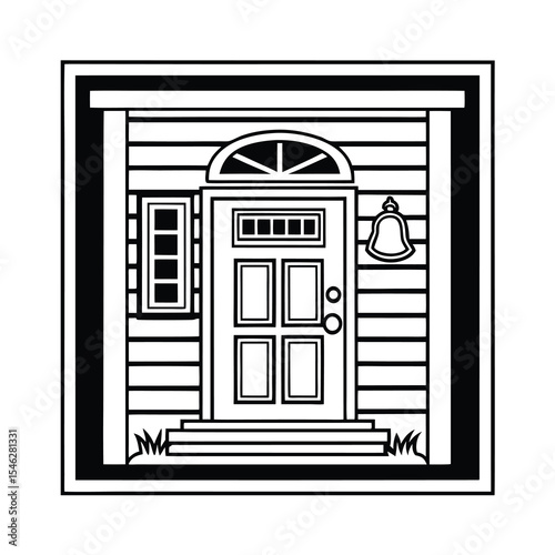Black and white line art illustration of a house entrance with a bell