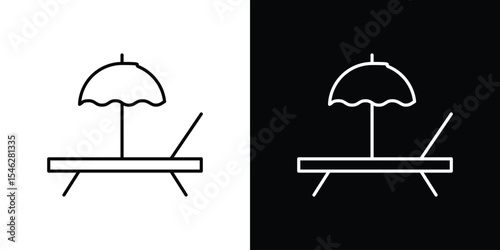 Beach chair with umbrella icon in black. flat graphic vector icon