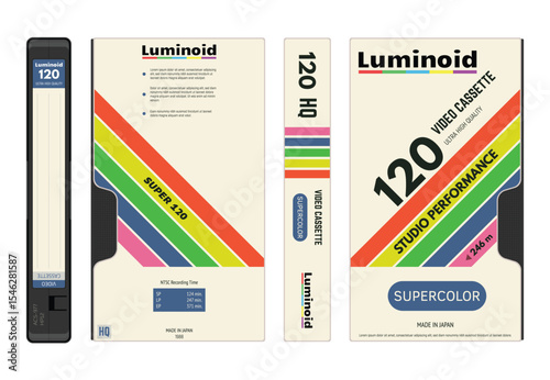 Retro style VHS video cassettes front and back view with label and cover, cover side view. Empty labels with lines for text. Magnetic cassette label fantasy 90s cover design. Vector illustration.