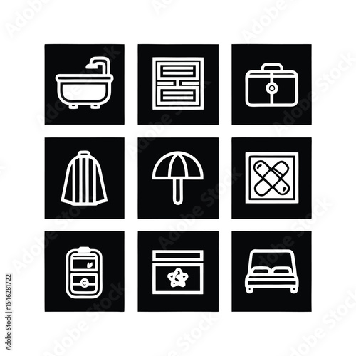 Hotel Amenities Icon Set in Black and White Minimalist Design