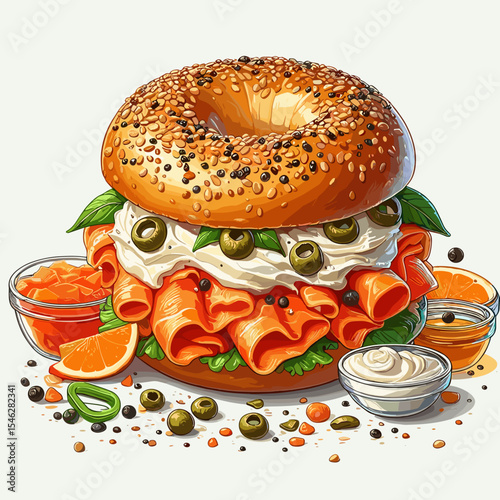 Gourmet bagel sandwich loaded with fresh ingredients and toppings