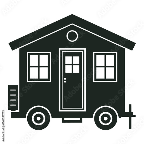 A minimalist illustration of a tiny house on wheels