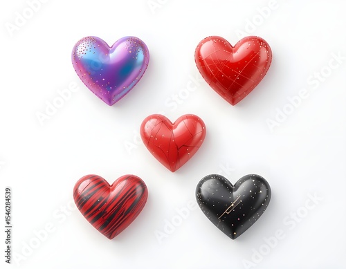 Five decorative heart shaped objects arranged on a white surface in a flat lay composition style