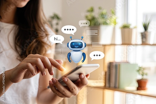 Obraz na płótnie Woman using smartphone with chatbot ai assistant interface