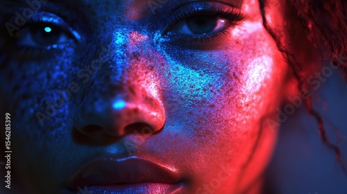 Close-up vibrant face, red blue light, textured skin.