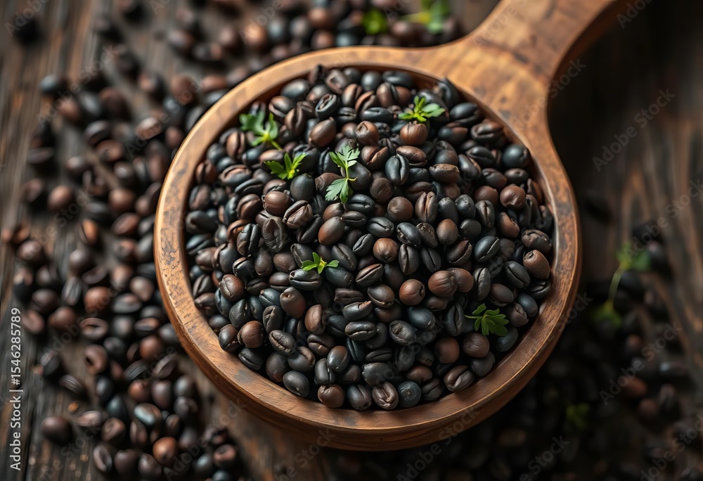 Fototapeta premium Dark nigella seeds overflowing rustic wooden bowl, vibrant overhead, kitchen, photography