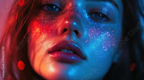 Glittery makeup close-up vibrant red blue hues