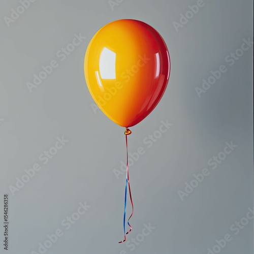 Orange red balloon floats gently ribbon trails below