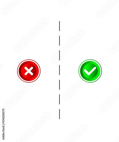 Vector illustration of red cross and green check mark with glossy buttons and dividing line. Suitable for indicating approval and rejection in design and illustrations.