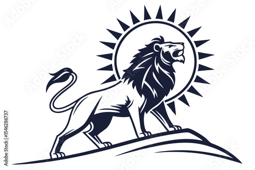 Roaring lion proudly stands on a peak against a solar emblem in monochrome