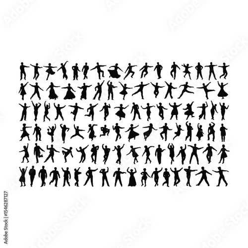 Collection of diverse human silhouettes depicting movement and various actions on white background