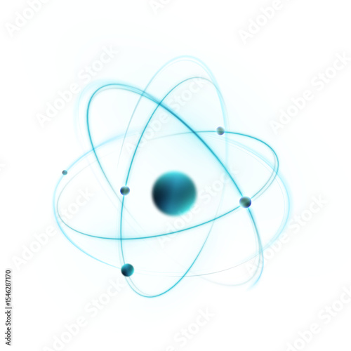 Model of an atom with electrons rotating around the nucleus, on a white background. Used for illustrations of science visualization, energy, and nuclear physics.