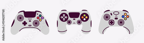 Game controllers set. Joystick with touchpad. Vector illustration. Modern gaming devices with buttons and sticks. Game console icon. Simple flat style. Gamepad.