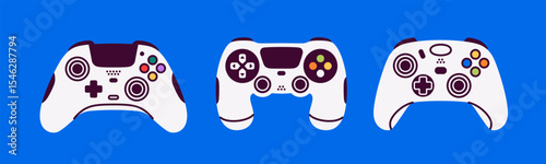Game controllers set. Joystick with touchpad. Vector illustration. Modern gaming devices with buttons and sticks. Game console icon. Simple flat style. Gamepad.