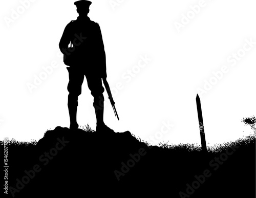 War line art of a lone soldier silhouette in a battlefield scene