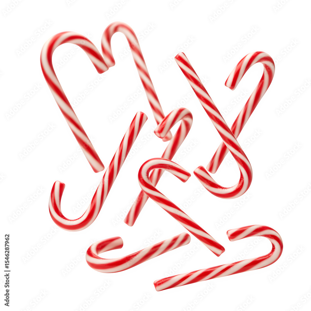 Fototapeta premium Candy canes in red and white stripes falling, isolated on white or transparent background. PNG