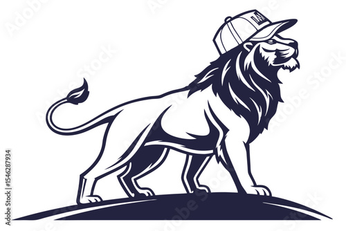 A strong blue lion is confidently poised wearing a cap, standing with noble grace