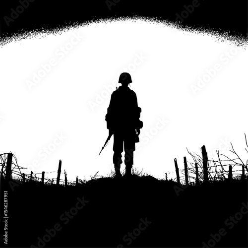 War line art of a lone soldier silhouette in a battlefield scene