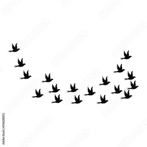 Silhouette of a flock of birds flying against a clean white background