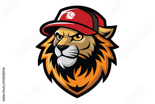 Intense lion mascot with an orange mane dons a red baseball cap proudly