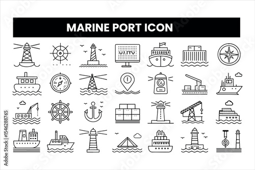 Set of  outline icons related to marine port. Linear icon collection. Editable stroke. Vector illustration