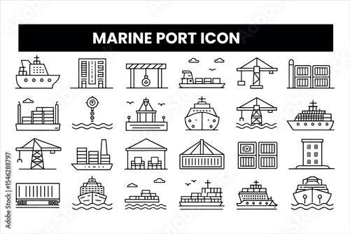 Set of  outline icons related to marine port. Linear icon collection. Editable stroke. Vector illustration
