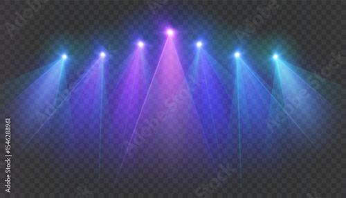 Stage spotlights with bright blue and purple beams on a transparent background. Suitable for shows, concerts, presentations and interfaces.