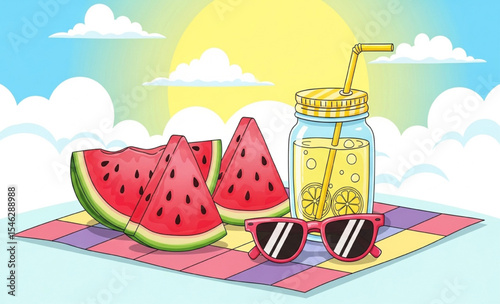 Watermelon slices and lemonade with sunglasses on a colorful blanket against summer sky