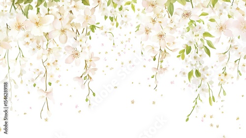 Delicate floral arrangement of white blossoms and leaves.
