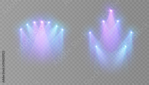 Stage spotlights with bright blue and purple beams on a transparent background. Suitable for shows, concerts, presentations and interfaces.