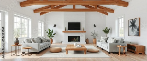 Modern farmhouse living room with white shiplap walls, exposed beams, and comfy sofas,  throw blankets,  elegant