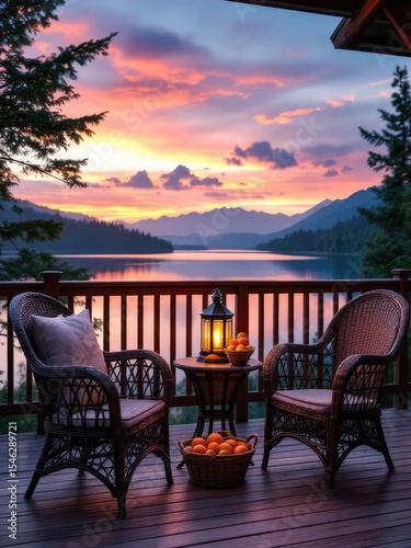 Wallpaper Mural Wicker chairs on a wooden deck overlooking a lake at sunset with a lantern and oranges present Torontodigital.ca