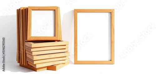 Neat stack of empty picture frames on white background, metal, organized