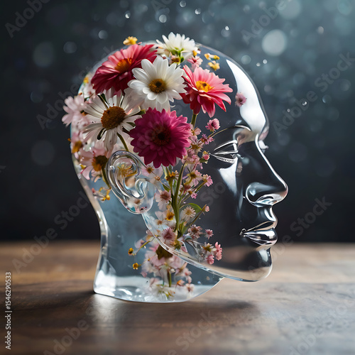 A transparent head-shaped crystal filled with blooming flowers and glowing particles, symbolizing positive mental health and self-love