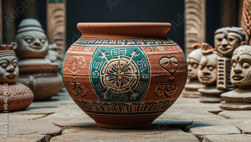 An ornate terracotta pot decorated with intricate designs set amongst african sculptures