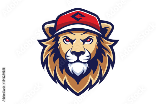 A fierce lion head is confidently sporting a red cap with intense, glowing eyes
