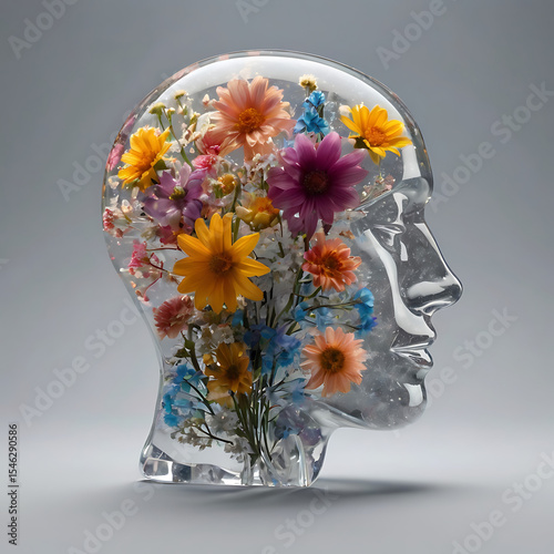 A transparent head-shaped crystal filled with blooming flowers and glowing particles, symbolizing positive mental health and self-love