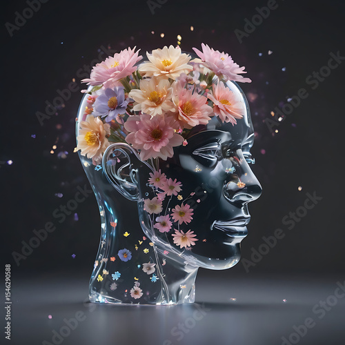 A transparent head-shaped crystal filled with blooming flowers and glowing particles, symbolizing positive mental health and self-love