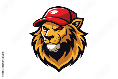 Fierce golden lion head with piercing red eyes sports a modern red cap proudly