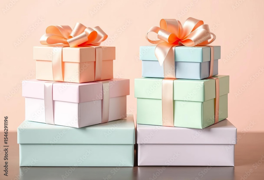 Obraz premium Pastel stacked gift boxes with satin bows, elegant presentation, easter, packaging