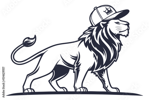 Confident stylized lion with a crownemblazoned cap stands gracefully in profile, its mane elegantly highlighted