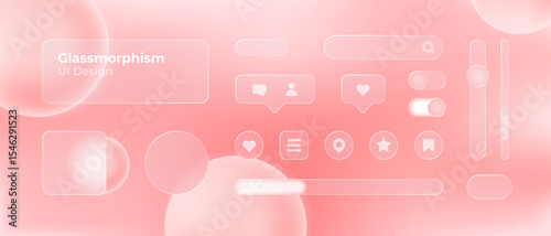 Glassmorphism UI. User interface elements for mobile app. Glass texture icons set. Vector. Simple modern design. For web, social media, business. Eps10 illustration. Abstract background. Red color.